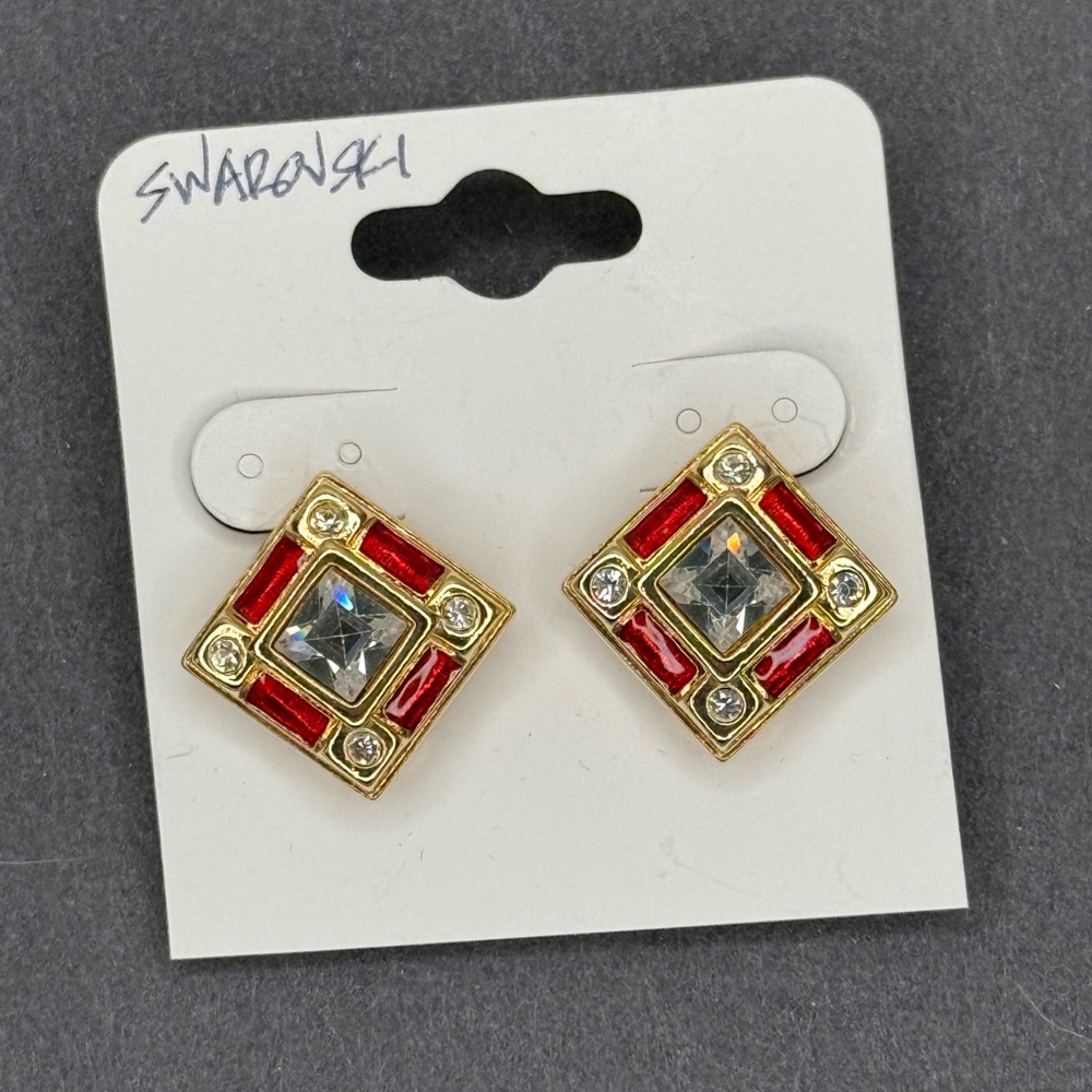VTG Swarovski Swan Logo Art Deco Gold Red Enamel Crystal Clip Earrings Jewelry - Picture 5 of 6